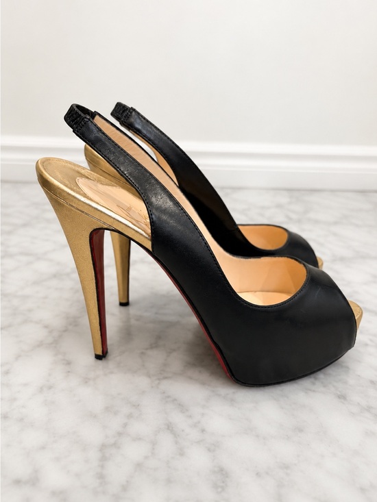 Christian Louboutin Shoes - Christian Louboutin Black Leather Slingback Platform Heels Gold Heel Red Bottoms